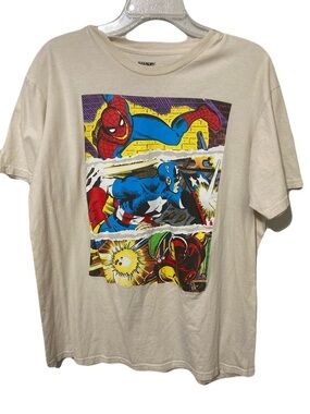 Marvel Short Sleeve Graphic Tee - Beige with Red, Blue & Yellow Comic Art
